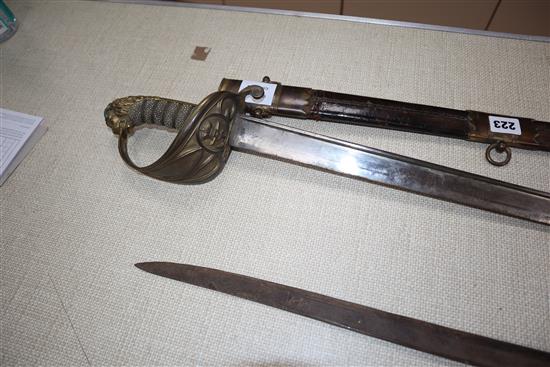 Two officers swords and a bayonet